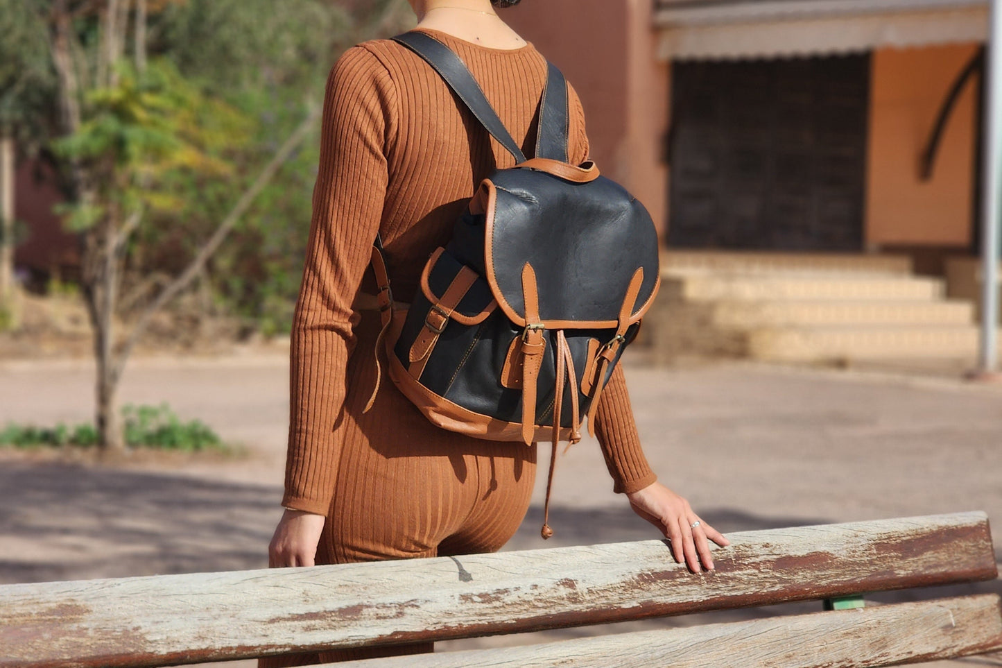 Sophisticated Two-Tone Leather Backpack in Brown and Black