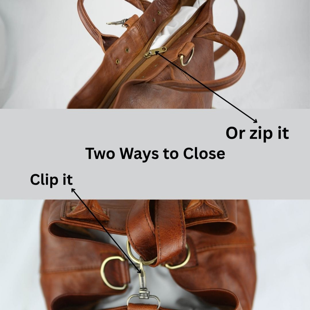 Brown leather bag with two closure methods: clip and zip, on a white background.