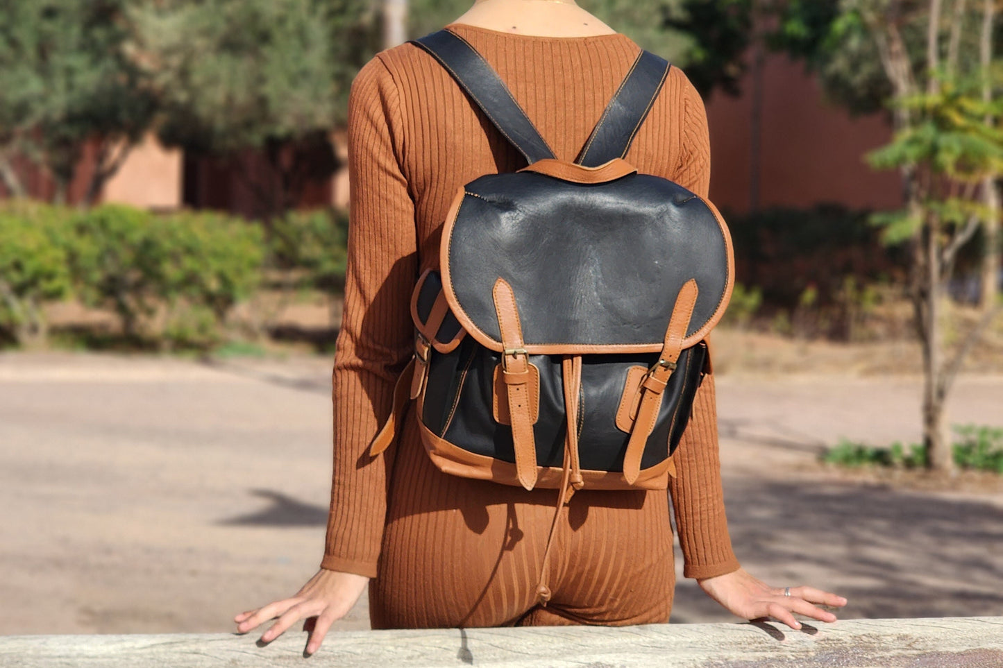 Sophisticated Two-Tone Leather Backpack in Brown and Black