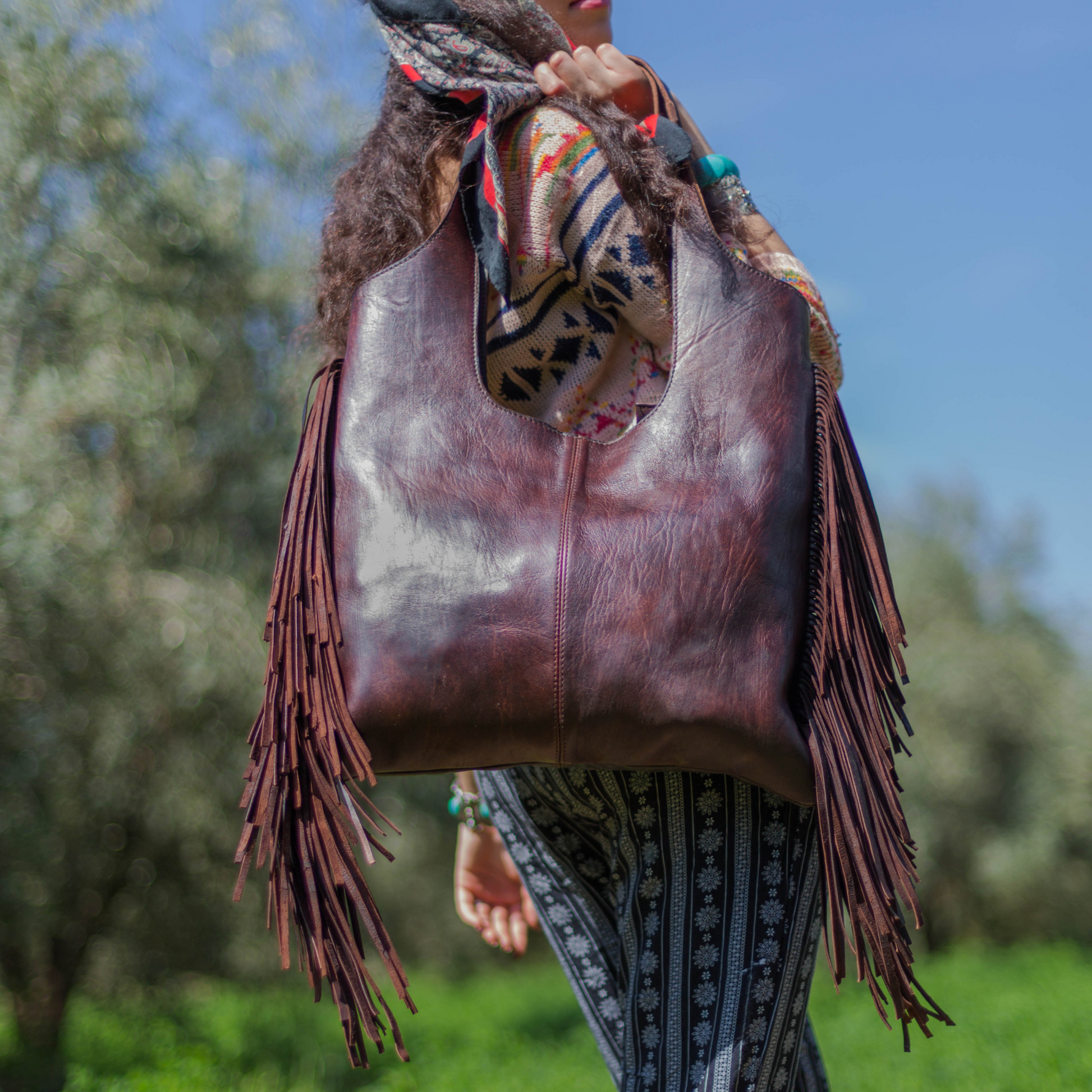 Hippie fringe camel shoulder bag