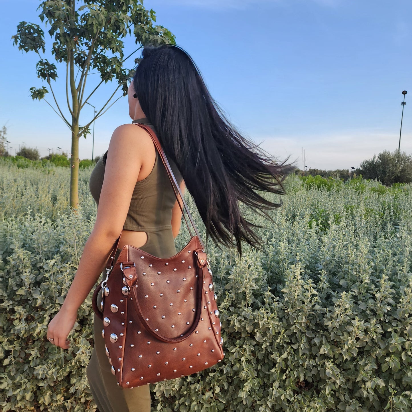 leather handbag with studs