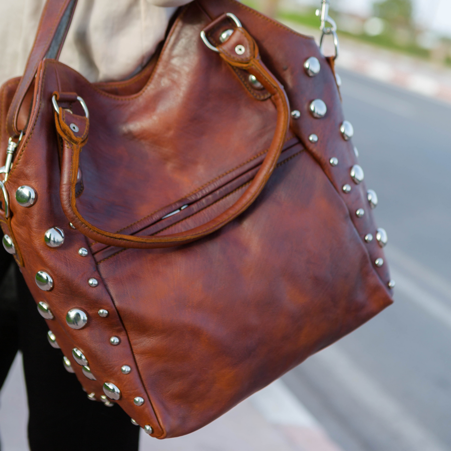 leather handbag with studs