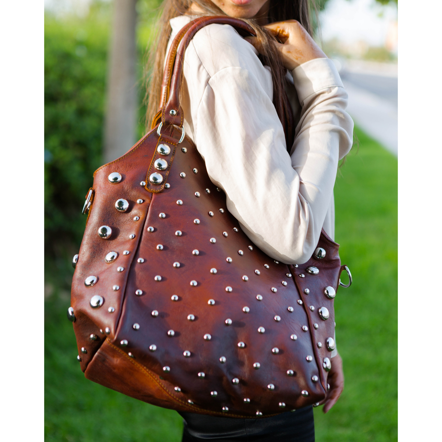 leather handbag with studs